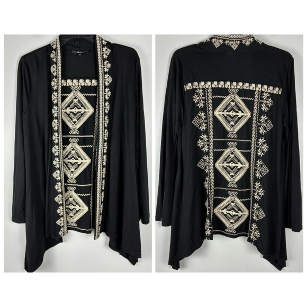 Womens Open Front Cardigan Top Sz S‎ Black Embroidery Boho Chic Artistic Andree
